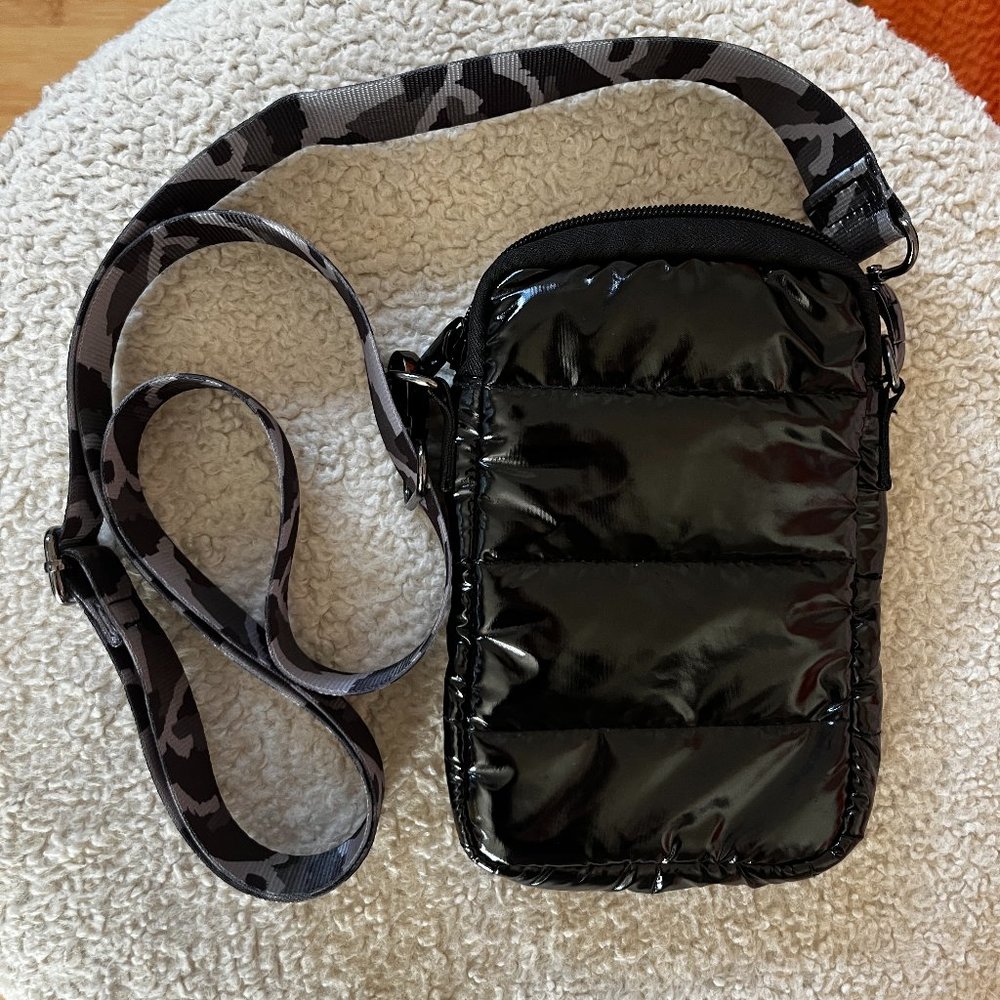 HAUTE SHORE Black Mini Crossbody Bag with Gray Camo Strap